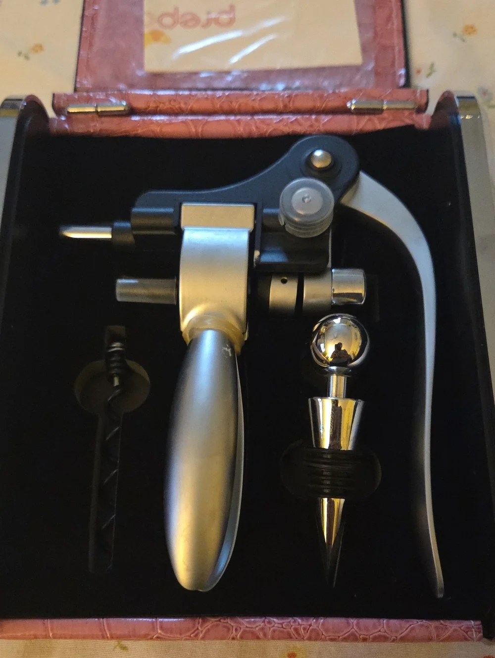 Pink Faux Croc Jewelry Case with Silver Tools, Wine Opener